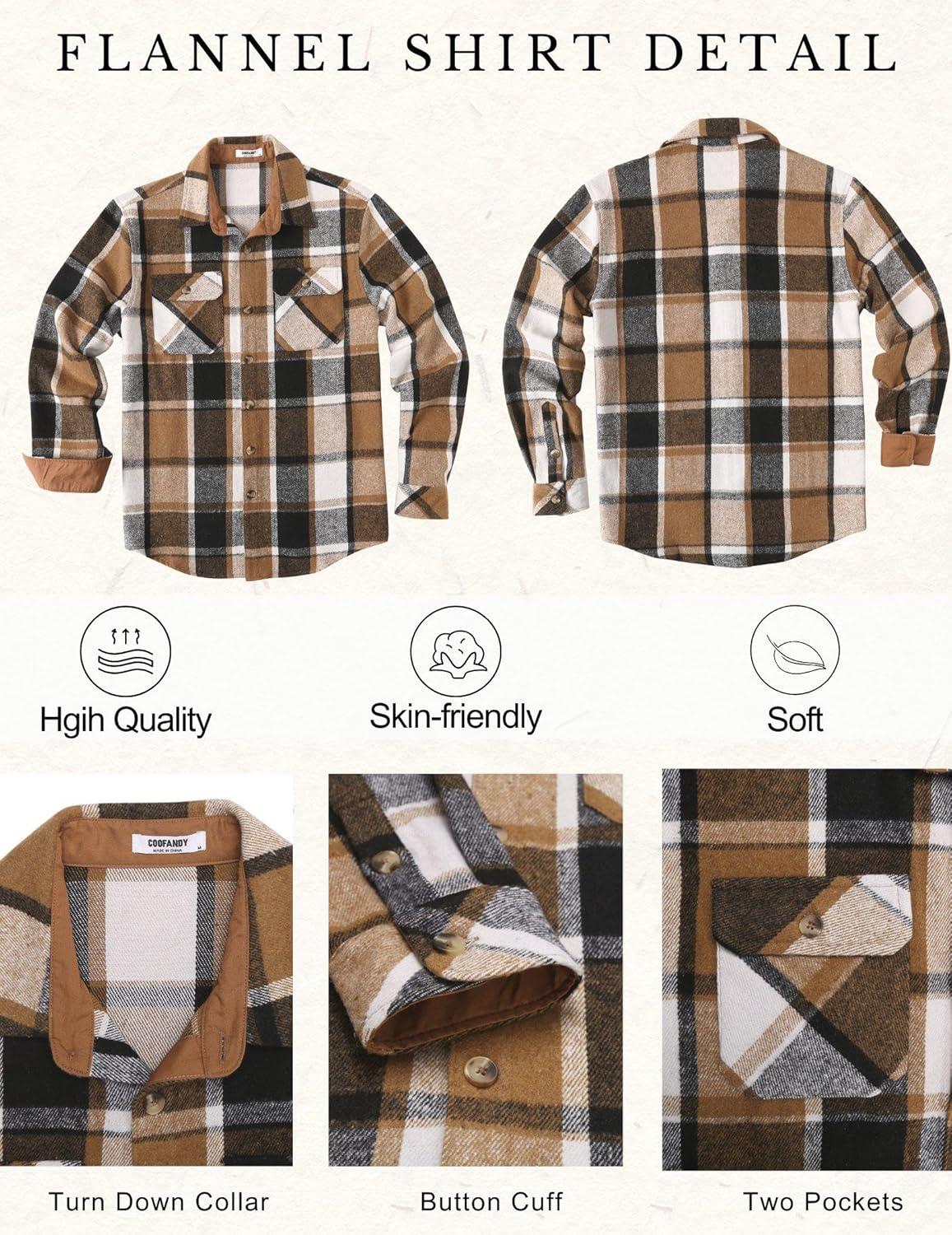 imageCOOFANDY Mens Long Sleeve Flannel Shirts Fashion Plaid Jacket Casual Button Down Shirt with PocketsKhakiblack