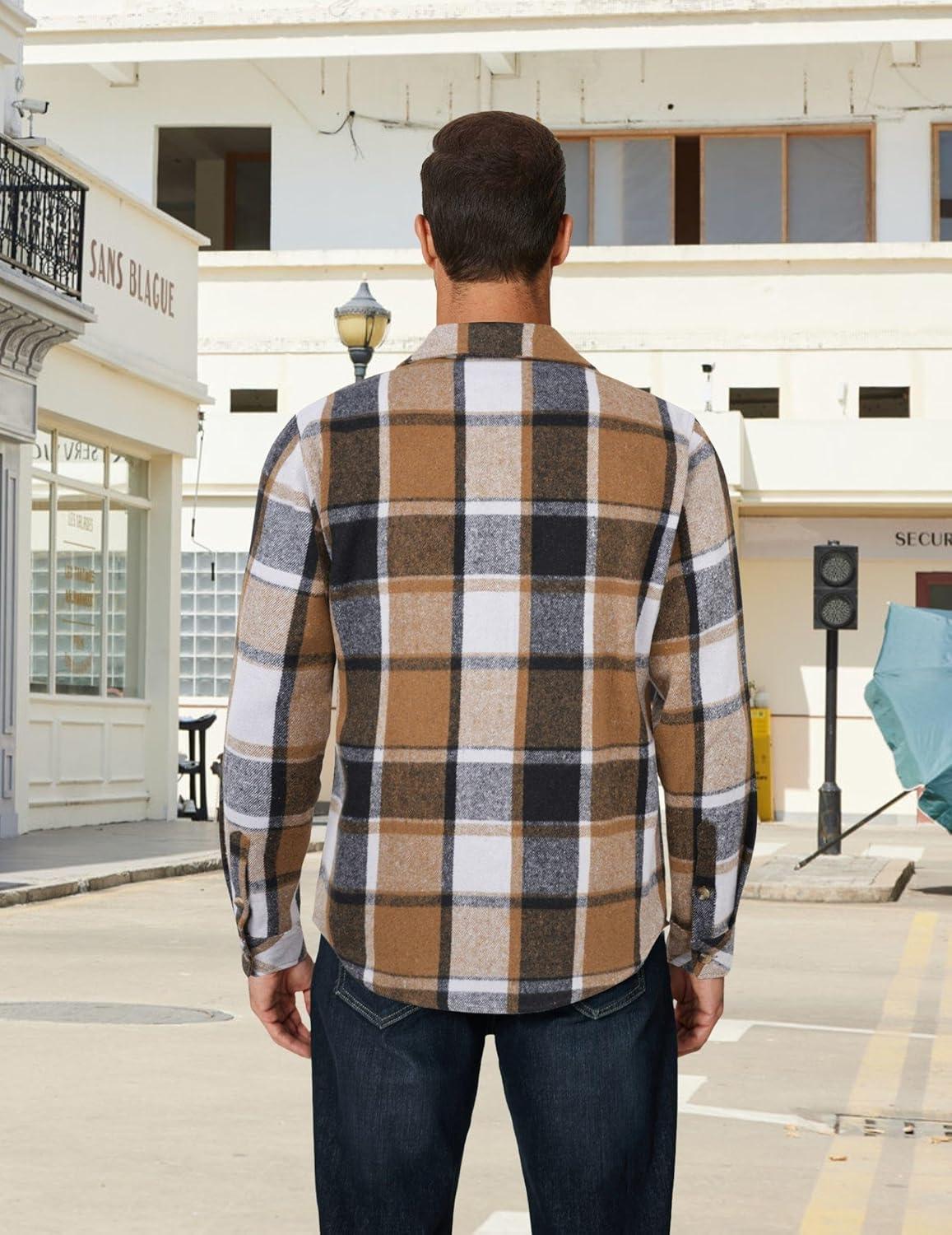 imageCOOFANDY Mens Long Sleeve Flannel Shirts Fashion Plaid Jacket Casual Button Down Shirt with PocketsKhakiblack