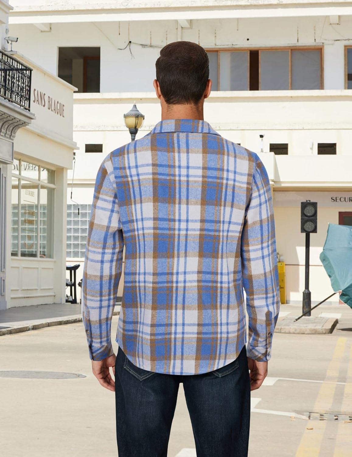 imageCOOFANDY Mens Long Sleeve Flannel Shirts Fashion Plaid Jacket Casual Button Down Shirt with PocketsLight Blue