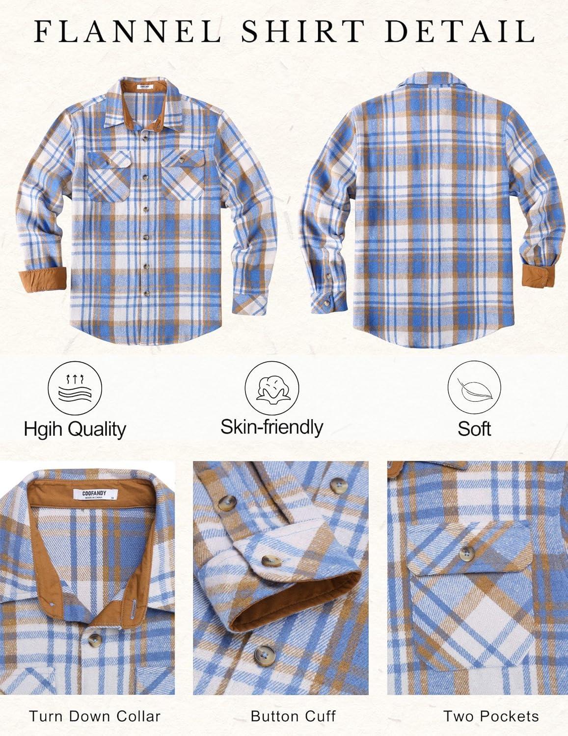 imageCOOFANDY Mens Long Sleeve Flannel Shirts Fashion Plaid Jacket Casual Button Down Shirt with PocketsLight Blue
