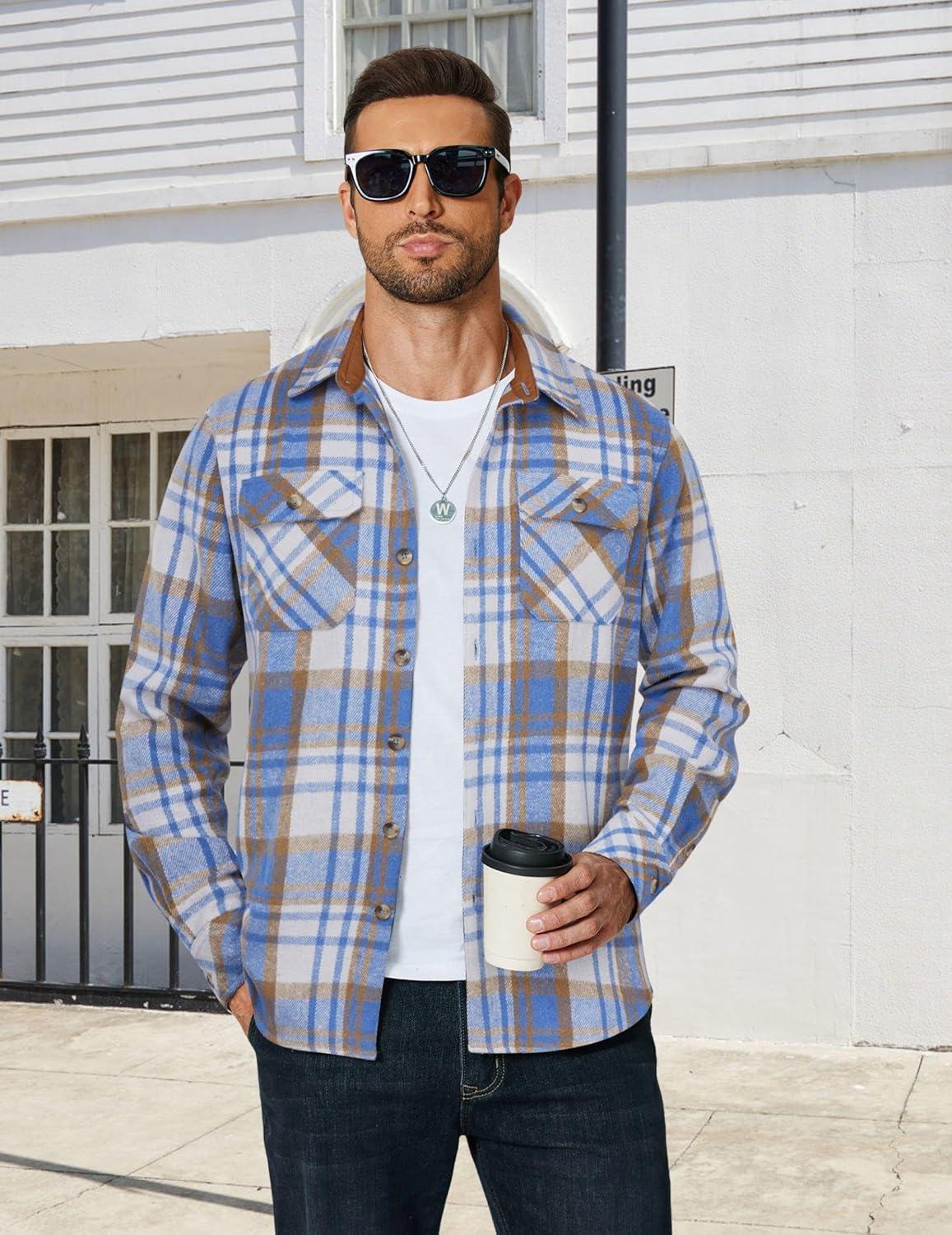 imageCOOFANDY Mens Long Sleeve Flannel Shirts Fashion Plaid Jacket Casual Button Down Shirt with PocketsLight Blue