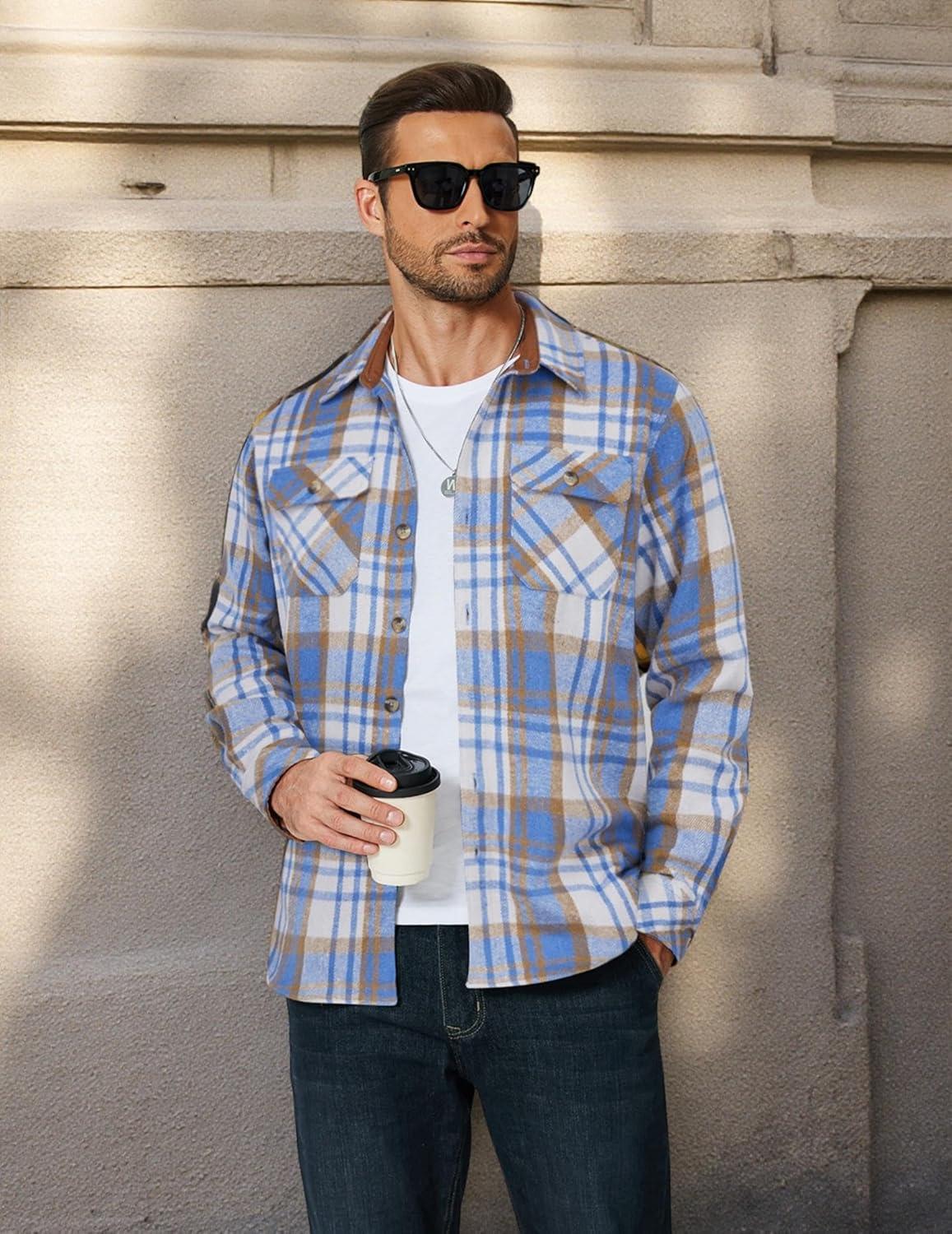 imageCOOFANDY Mens Long Sleeve Flannel Shirts Fashion Plaid Jacket Casual Button Down Shirt with PocketsLight Blue