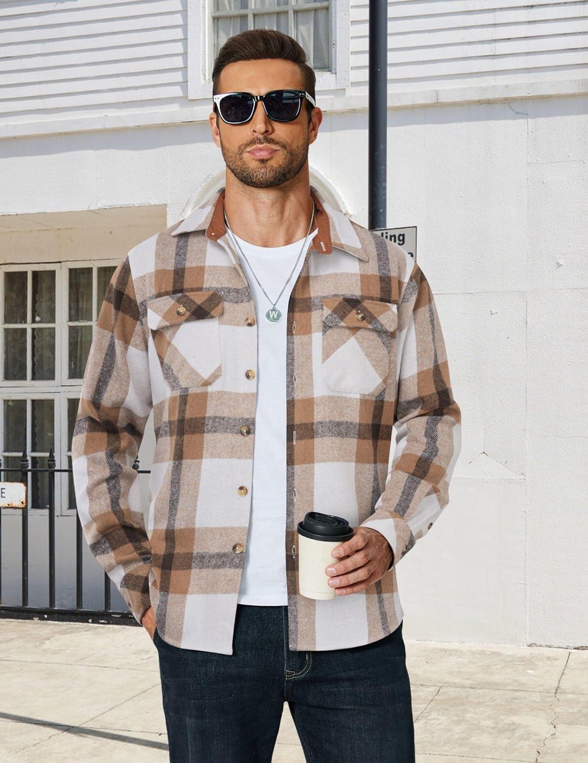 imageCOOFANDY Mens Long Sleeve Flannel Shirts Fashion Plaid Jacket Casual Button Down Shirt with PocketsLight Khaki