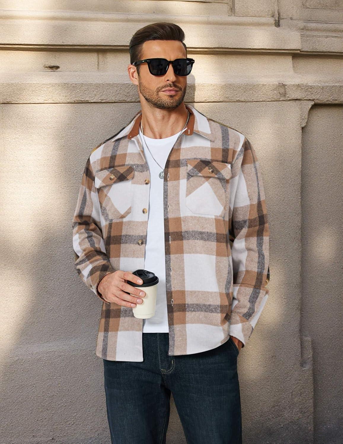 imageCOOFANDY Mens Long Sleeve Flannel Shirts Fashion Plaid Jacket Casual Button Down Shirt with PocketsLight Khaki