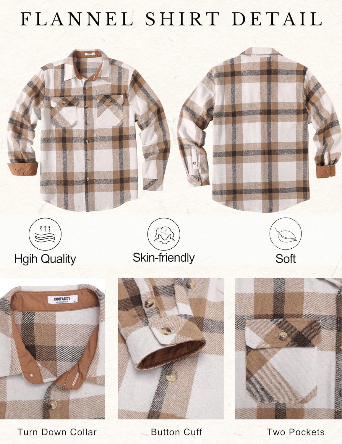 imageCOOFANDY Mens Long Sleeve Flannel Shirts Fashion Plaid Jacket Casual Button Down Shirt with PocketsLight Khaki