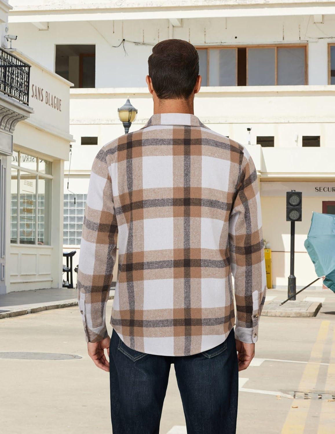 imageCOOFANDY Mens Long Sleeve Flannel Shirts Fashion Plaid Jacket Casual Button Down Shirt with PocketsLight Khaki