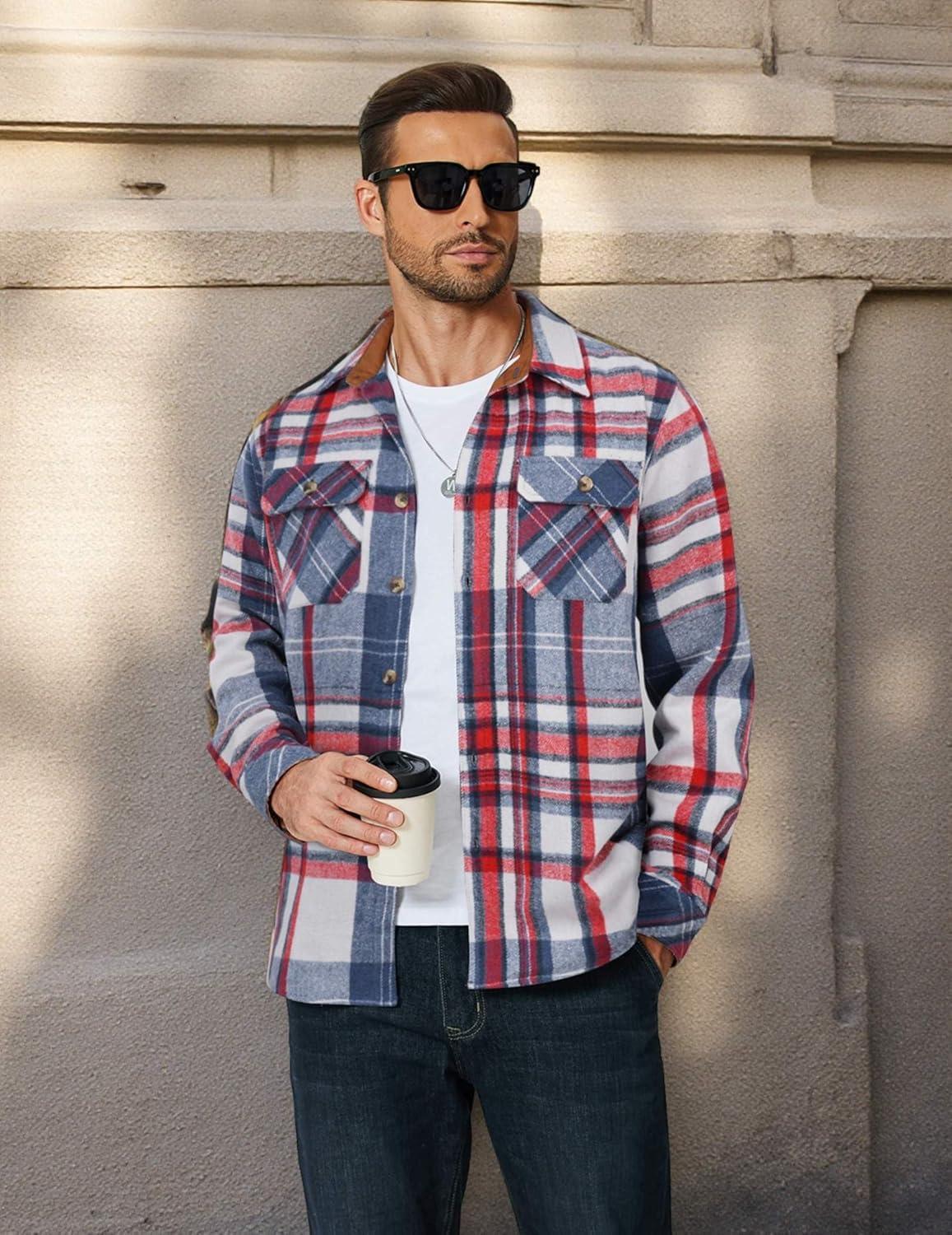 imageCOOFANDY Mens Long Sleeve Flannel Shirts Fashion Plaid Jacket Casual Button Down Shirt with PocketsRed Blue
