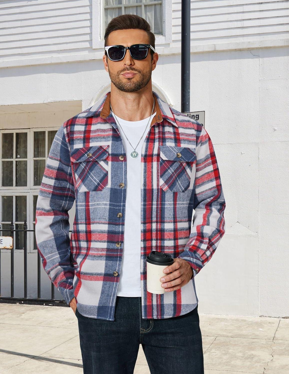 imageCOOFANDY Mens Long Sleeve Flannel Shirts Fashion Plaid Jacket Casual Button Down Shirt with PocketsRed Blue