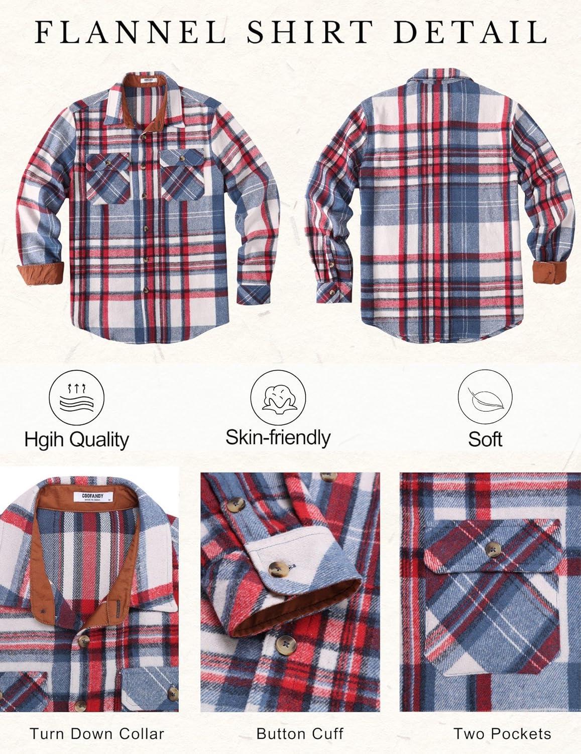 imageCOOFANDY Mens Long Sleeve Flannel Shirts Fashion Plaid Jacket Casual Button Down Shirt with PocketsRed Blue