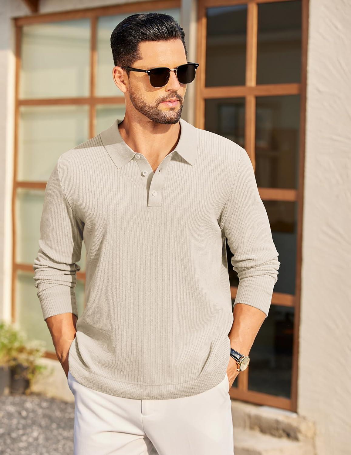 imageCOOFANDY Mens Long Sleeve Polo Knit Polo Sweater Collared Pullover Casual Golf Polo SweaterBeige