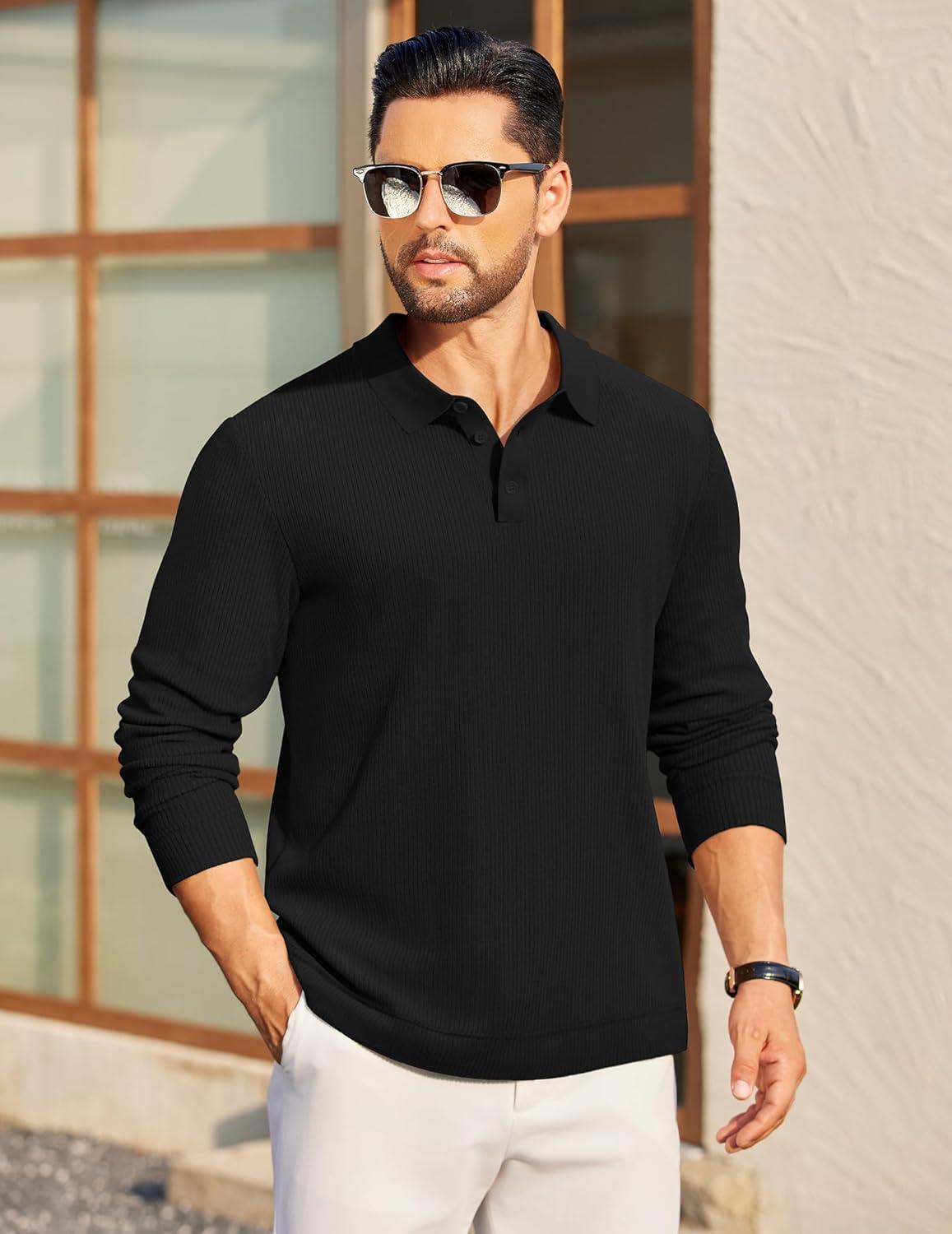 imageCOOFANDY Mens Long Sleeve Polo Knit Polo Sweater Collared Pullover Casual Golf Polo SweaterBlack