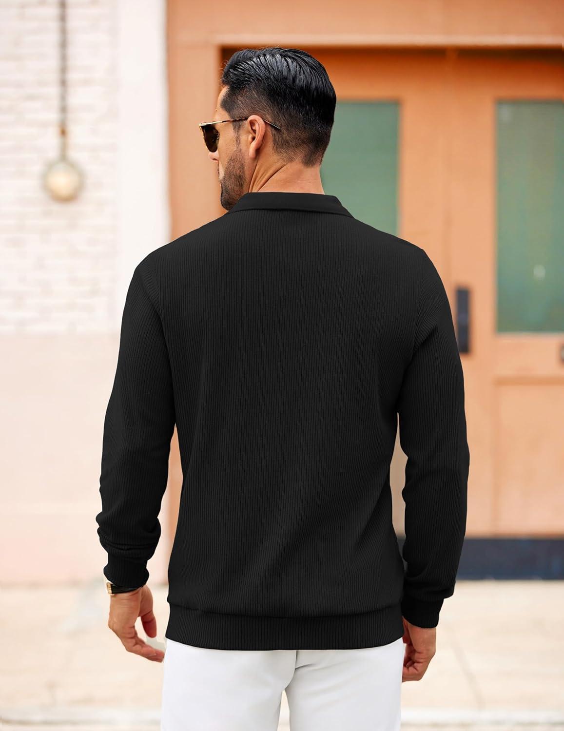 imageCOOFANDY Mens Long Sleeve Polo Knit Polo Sweater Collared Pullover Casual Golf Polo SweaterBlack