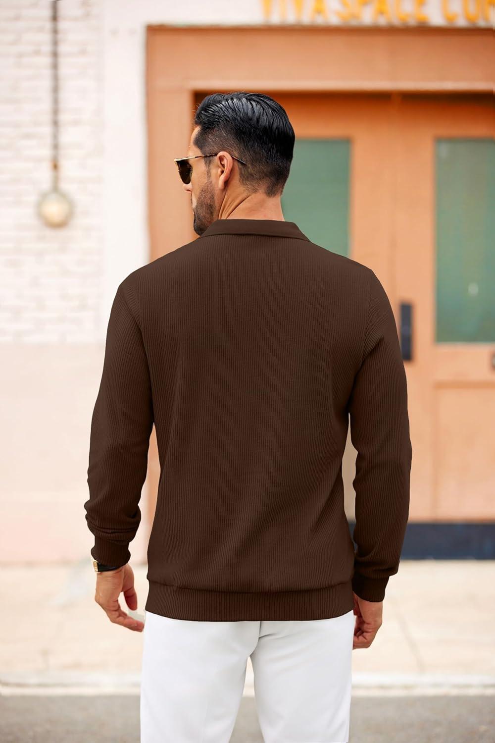 imageCOOFANDY Mens Long Sleeve Polo Knit Polo Sweater Collared Pullover Casual Golf Polo SweaterBrown