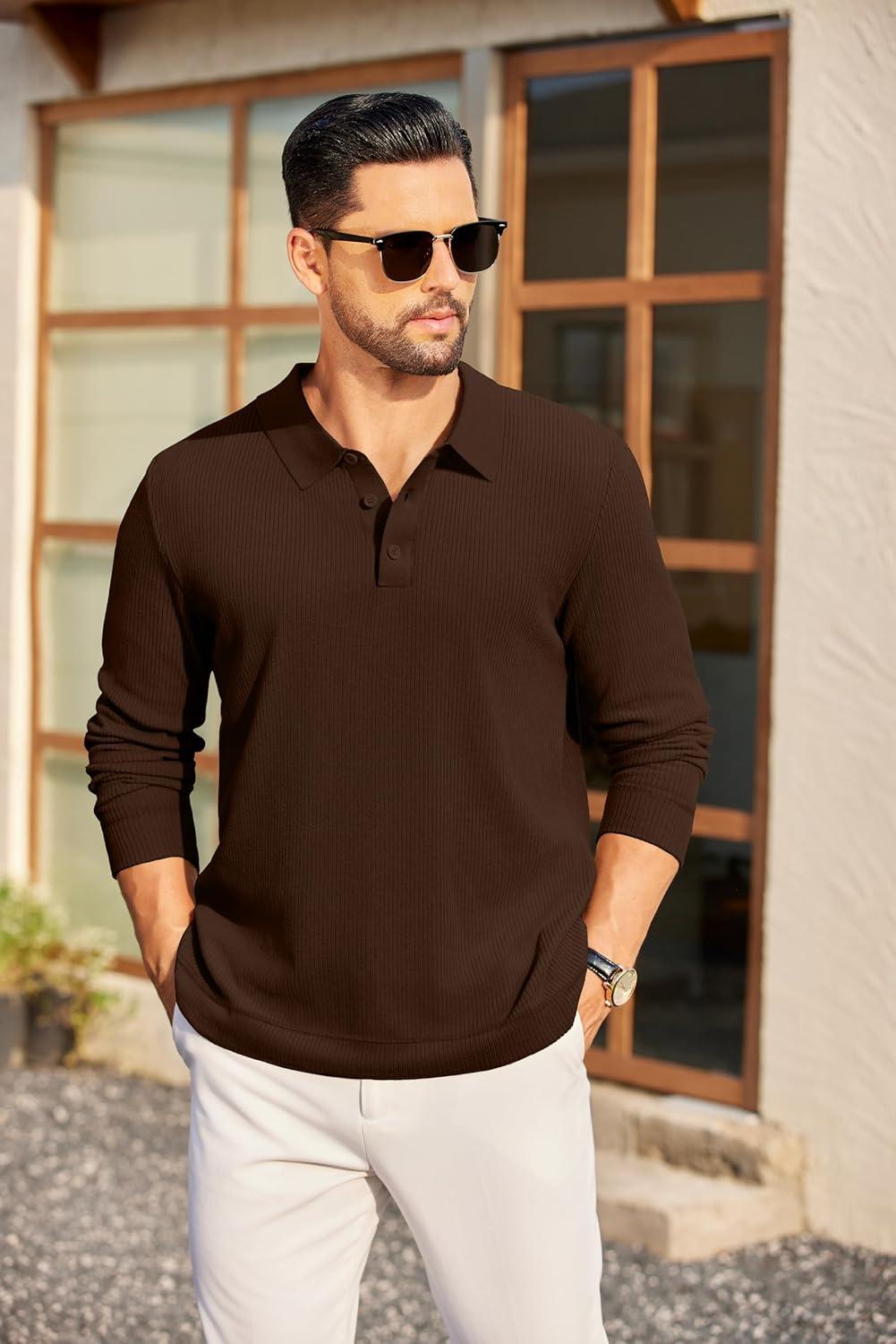 imageCOOFANDY Mens Long Sleeve Polo Knit Polo Sweater Collared Pullover Casual Golf Polo SweaterBrown
