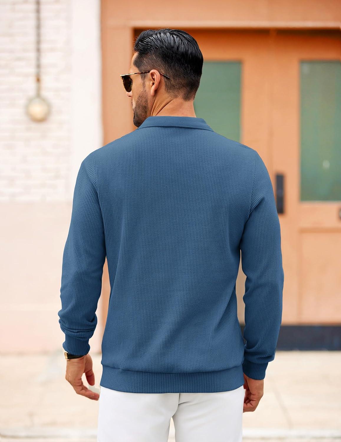 imageCOOFANDY Mens Long Sleeve Polo Knit Polo Sweater Collared Pullover Casual Golf Polo SweaterDark Blue