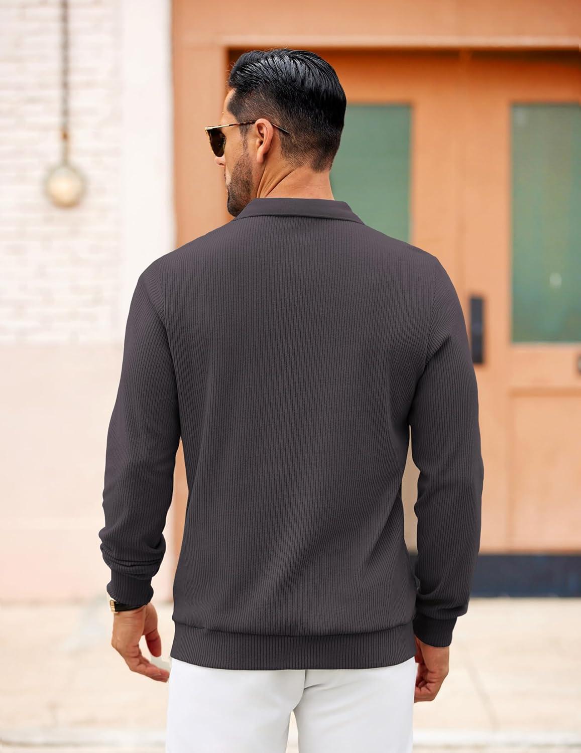imageCOOFANDY Mens Long Sleeve Polo Knit Polo Sweater Collared Pullover Casual Golf Polo SweaterDark Gray
