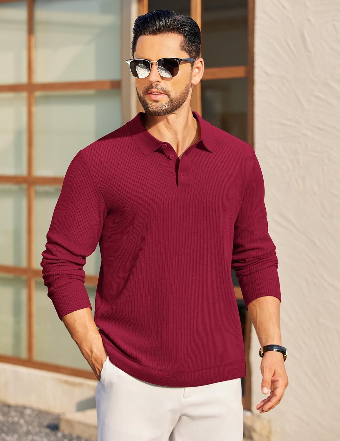 imageCOOFANDY Mens Long Sleeve Polo Knit Polo Sweater Collared Pullover Casual Golf Polo SweaterDark Red