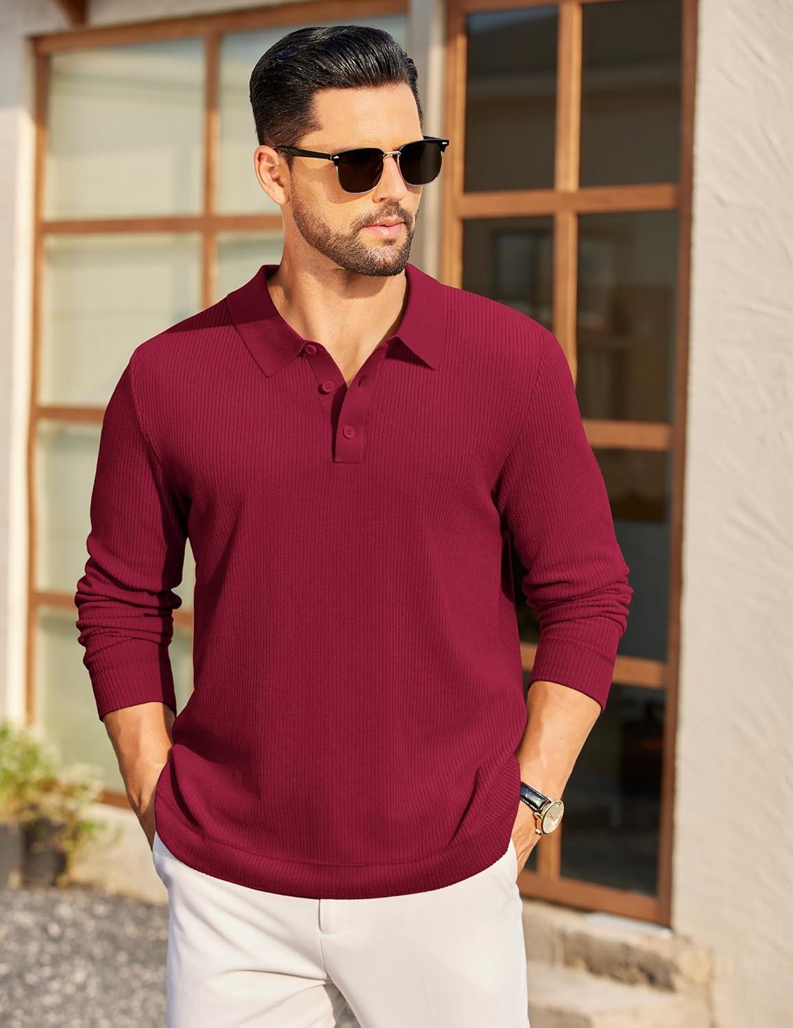 imageCOOFANDY Mens Long Sleeve Polo Knit Polo Sweater Collared Pullover Casual Golf Polo SweaterDark Red