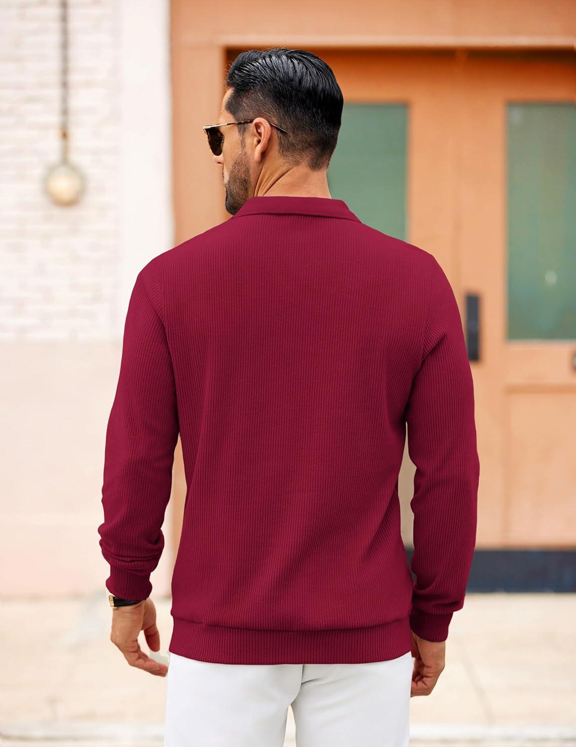imageCOOFANDY Mens Long Sleeve Polo Knit Polo Sweater Collared Pullover Casual Golf Polo SweaterDark Red