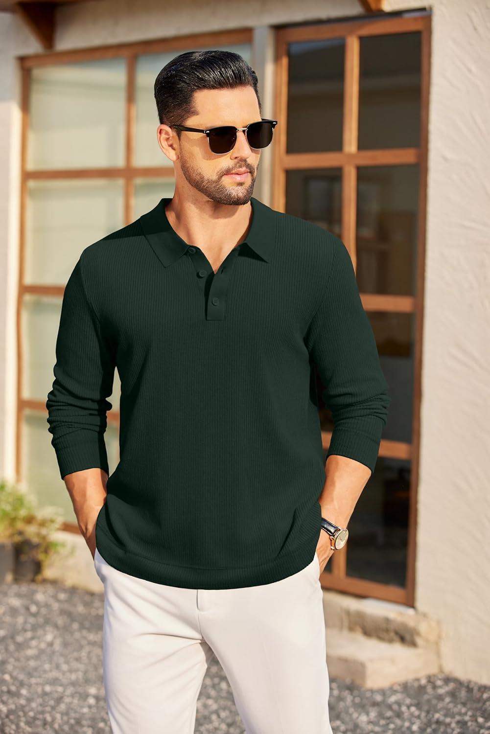 imageCOOFANDY Mens Long Sleeve Polo Knit Polo Sweater Collared Pullover Casual Golf Polo SweaterEvergreen