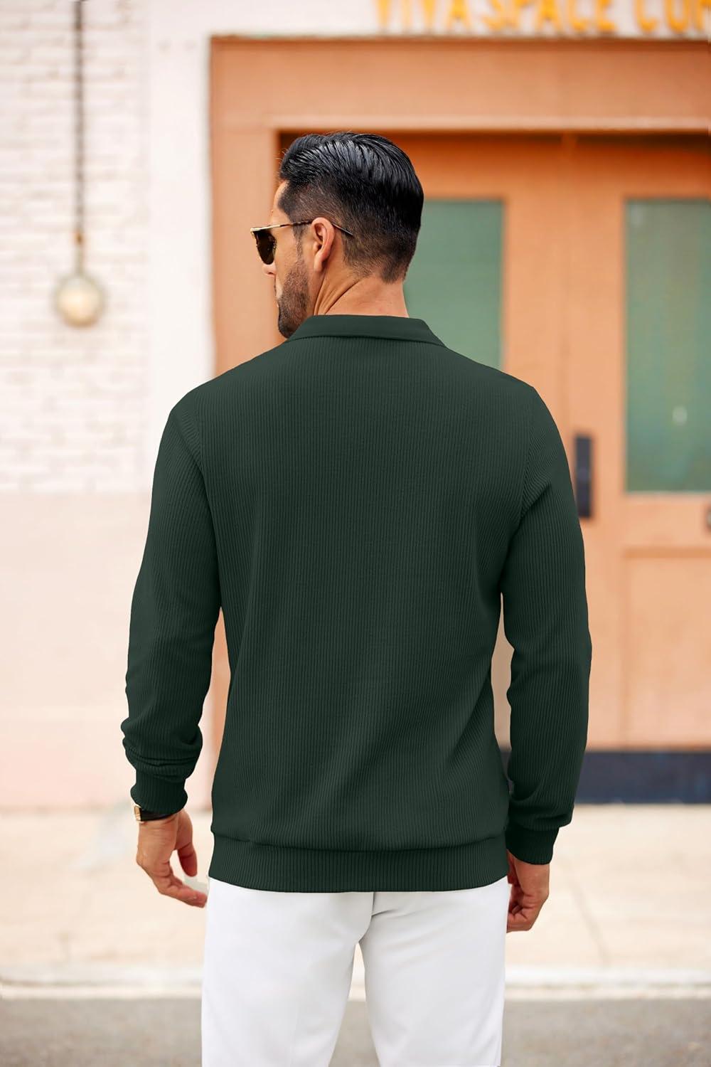 imageCOOFANDY Mens Long Sleeve Polo Knit Polo Sweater Collared Pullover Casual Golf Polo SweaterEvergreen