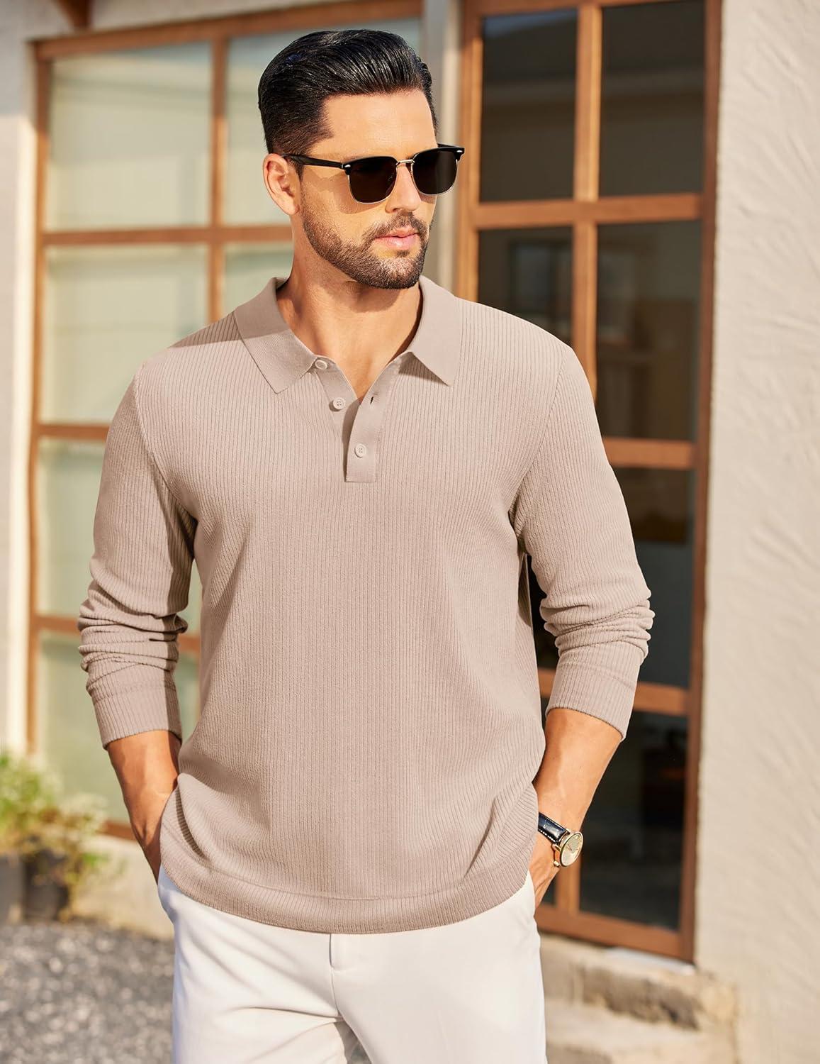 imageCOOFANDY Mens Long Sleeve Polo Knit Polo Sweater Collared Pullover Casual Golf Polo SweaterLight Brown