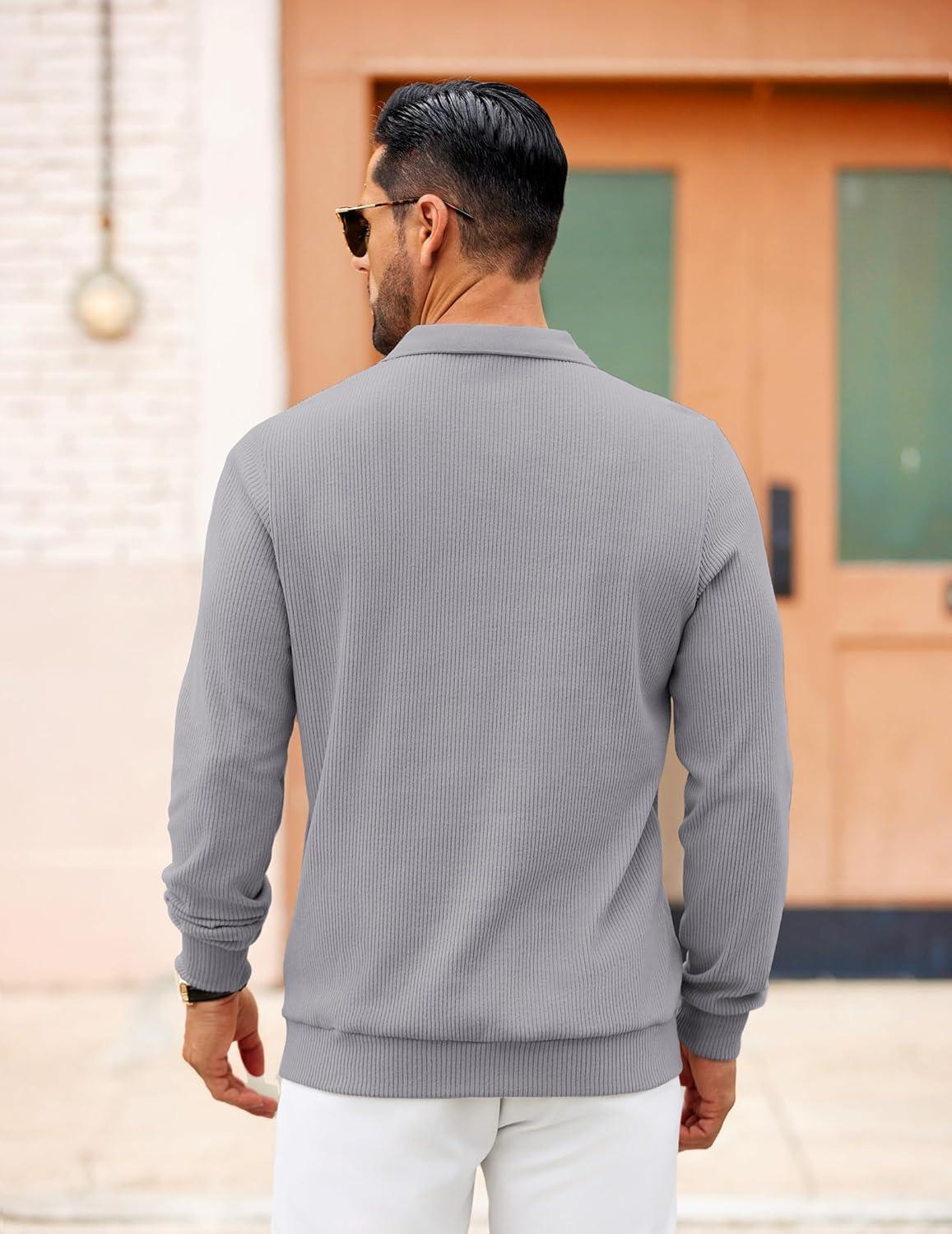 imageCOOFANDY Mens Long Sleeve Polo Knit Polo Sweater Collared Pullover Casual Golf Polo SweaterMoon Gray