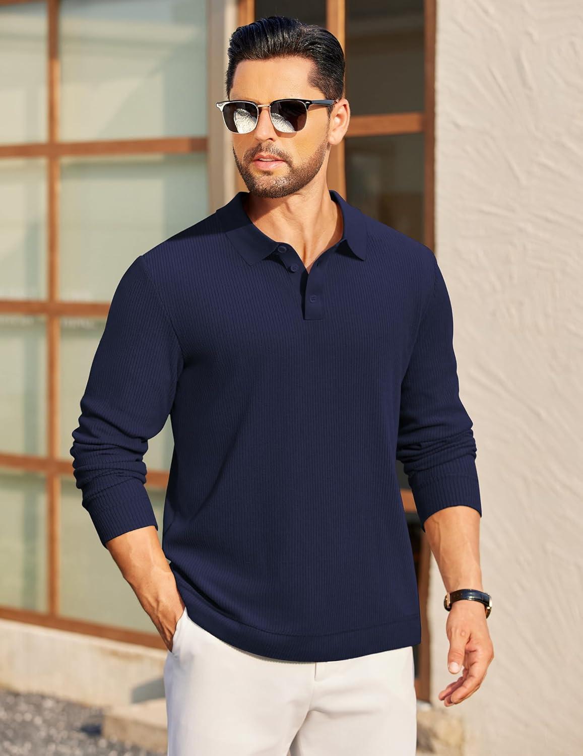 imageCOOFANDY Mens Long Sleeve Polo Knit Polo Sweater Collared Pullover Casual Golf Polo SweaterNavy Blue