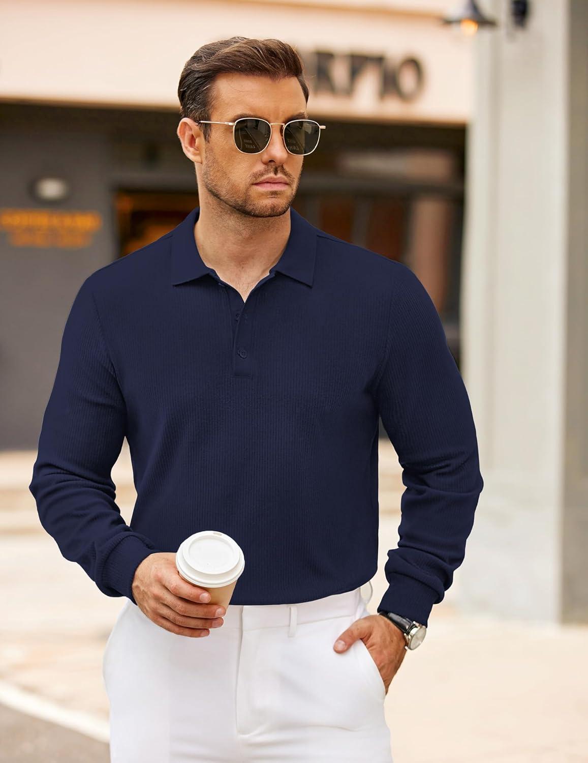 imageCOOFANDY Mens Long Sleeve Polo Knit Polo Sweater Collared Pullover Casual Golf Polo SweaterNavy Blue