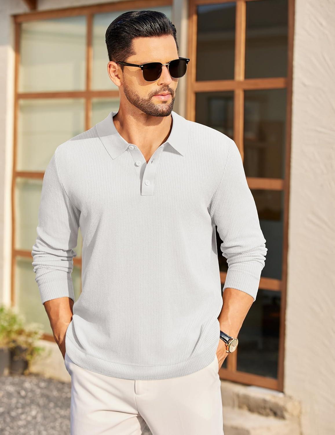 imageCOOFANDY Mens Long Sleeve Polo Knit Polo Sweater Collared Pullover Casual Golf Polo SweaterWhite