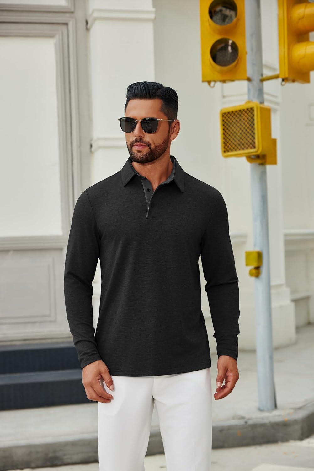 imageCOOFANDY Mens Long Sleeve Polo Shirts Button Casual Tee Collared Work Pullover ShirtsA Black