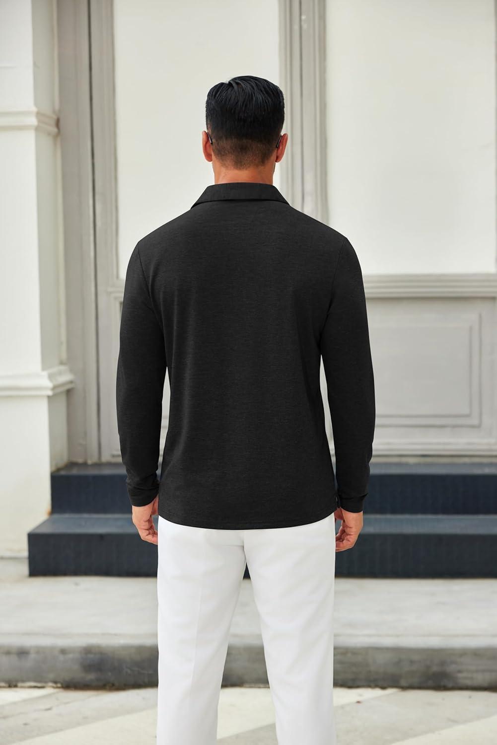 imageCOOFANDY Mens Long Sleeve Polo Shirts Button Casual Tee Collared Work Pullover ShirtsA Black