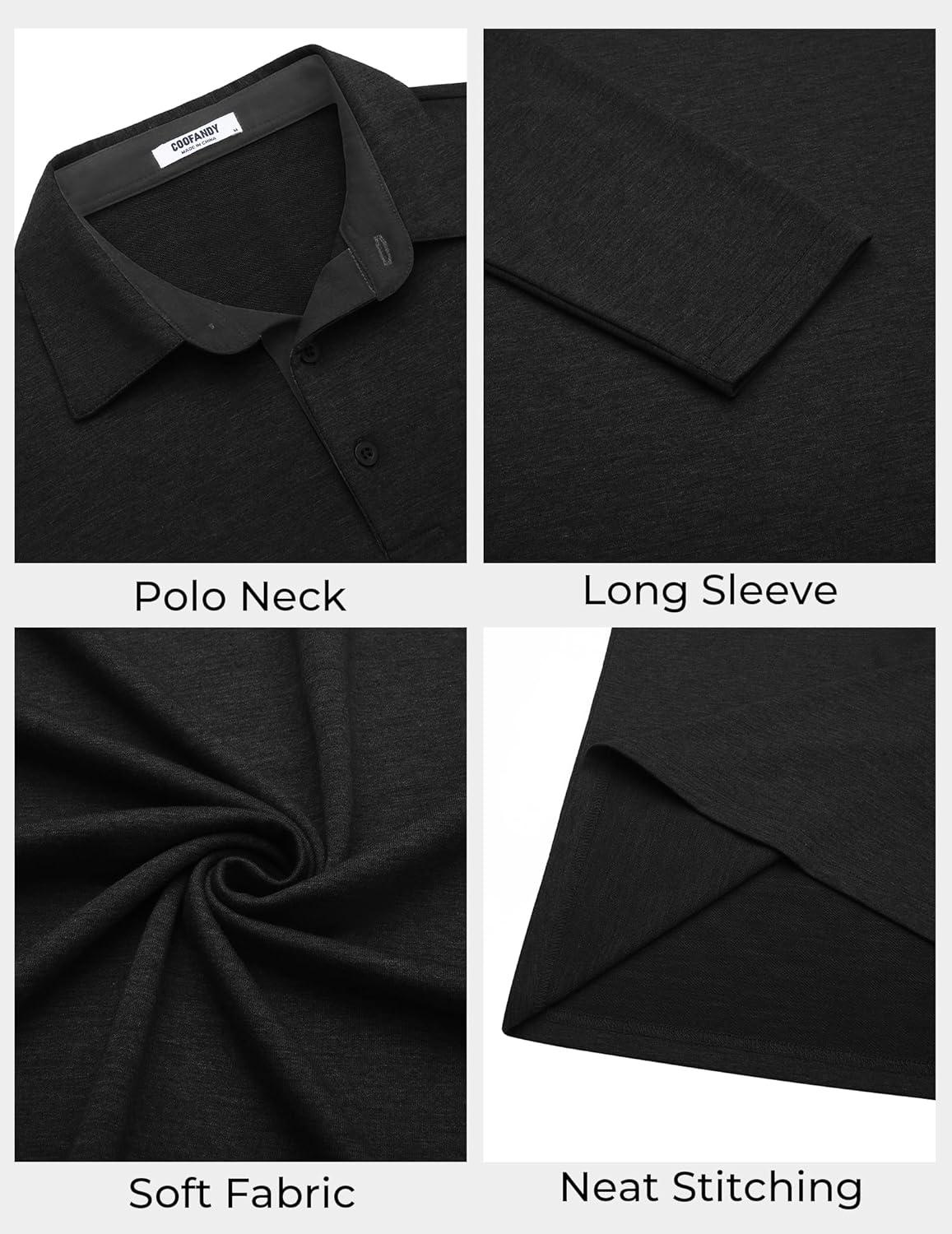 imageCOOFANDY Mens Long Sleeve Polo Shirts Button Casual Tee Collared Work Pullover ShirtsA Black