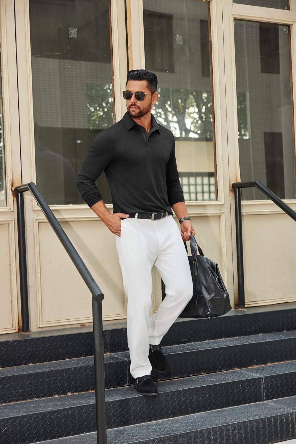 imageCOOFANDY Mens Long Sleeve Polo Shirts Button Casual Tee Collared Work Pullover ShirtsA Black