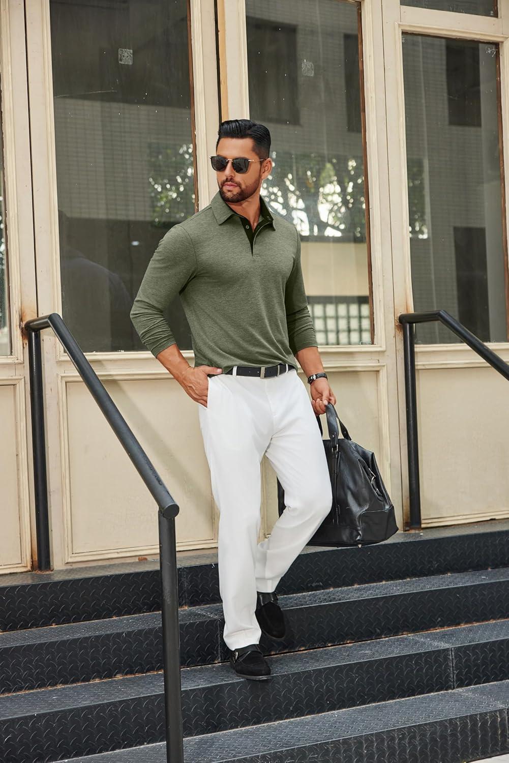 imageCOOFANDY Mens Long Sleeve Polo Shirts Button Casual Tee Collared Work Pullover ShirtsArmy Green