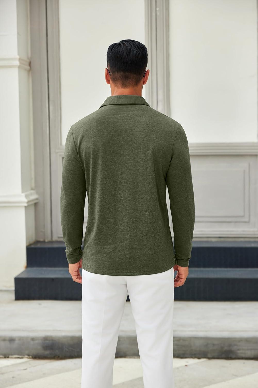 imageCOOFANDY Mens Long Sleeve Polo Shirts Button Casual Tee Collared Work Pullover ShirtsArmy Green