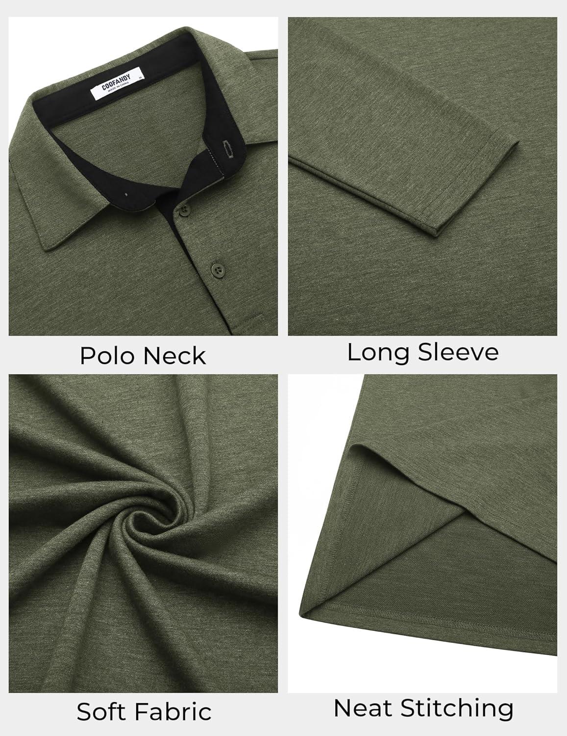 imageCOOFANDY Mens Long Sleeve Polo Shirts Button Casual Tee Collared Work Pullover ShirtsArmy Green