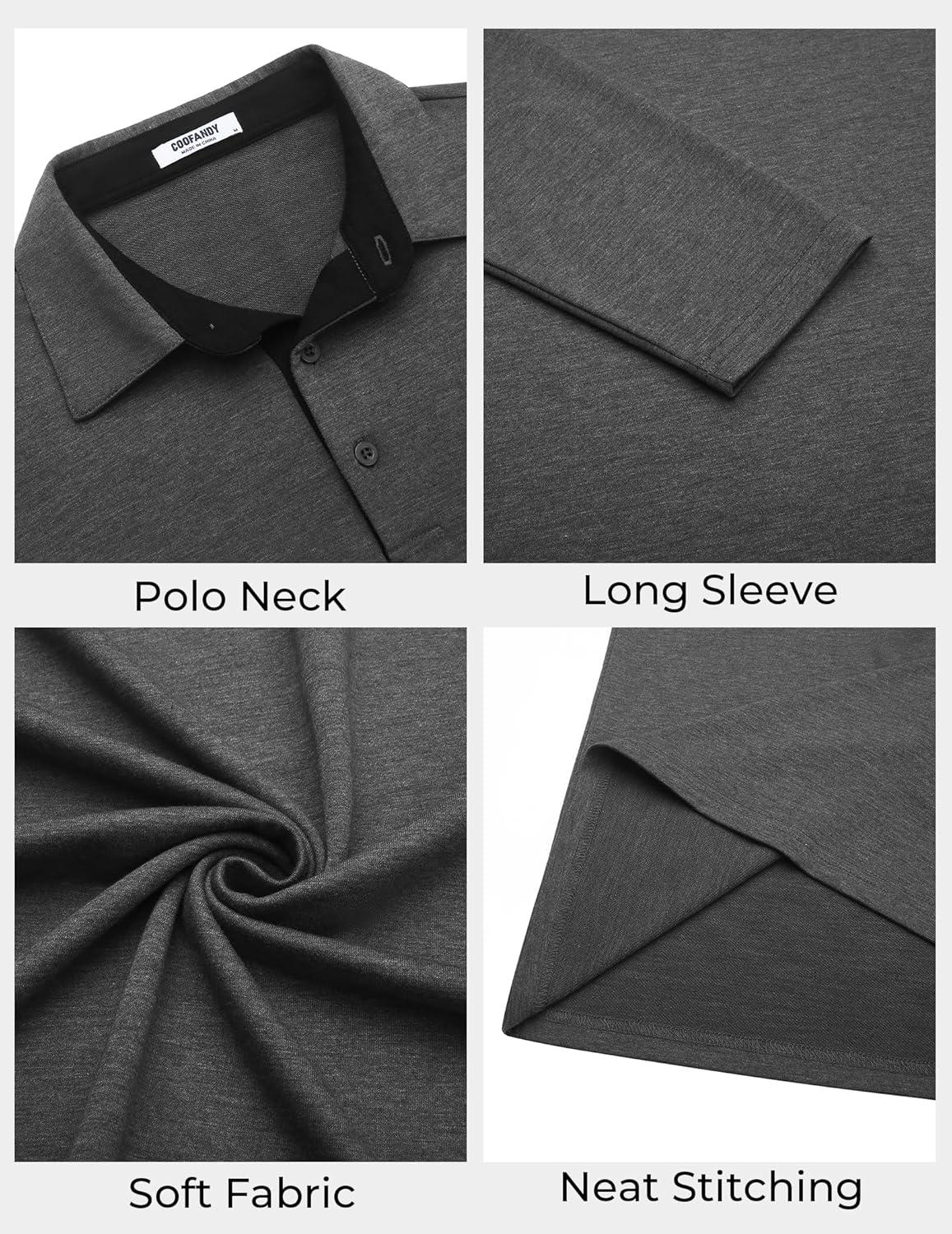 imageCOOFANDY Mens Long Sleeve Polo Shirts Button Casual Tee Collared Work Pullover ShirtsDark Grey
