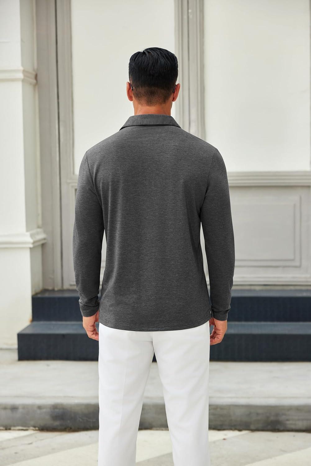 imageCOOFANDY Mens Long Sleeve Polo Shirts Button Casual Tee Collared Work Pullover ShirtsDark Grey
