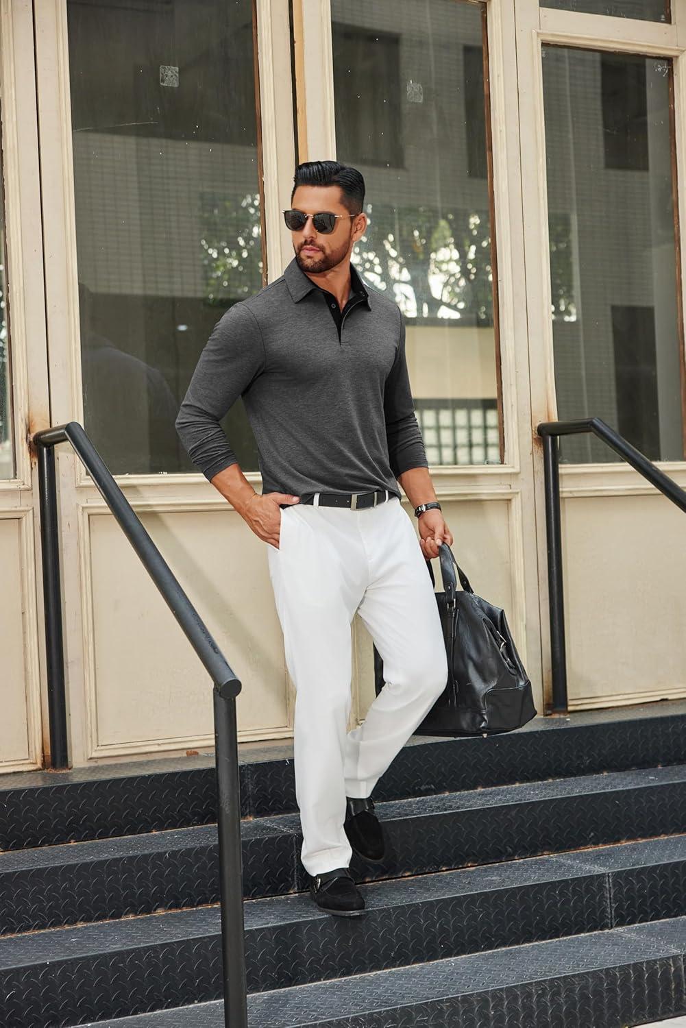 imageCOOFANDY Mens Long Sleeve Polo Shirts Button Casual Tee Collared Work Pullover ShirtsDark Grey