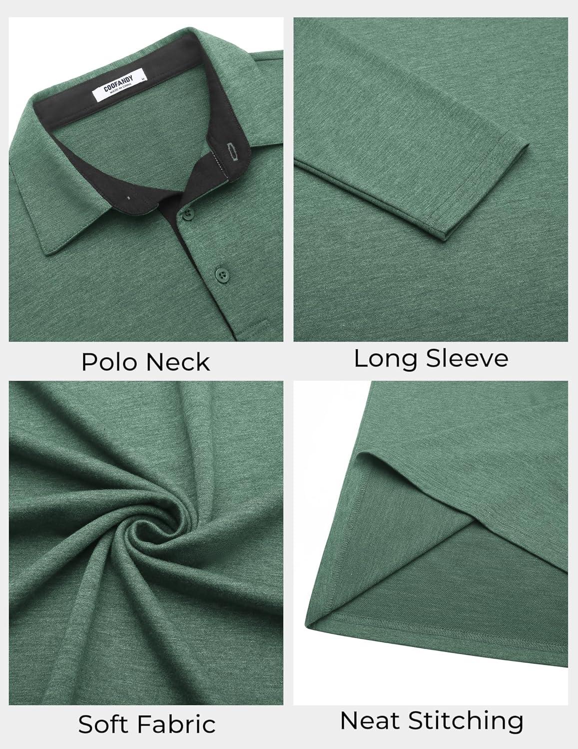 imageCOOFANDY Mens Long Sleeve Polo Shirts Button Casual Tee Collared Work Pullover ShirtsGreen