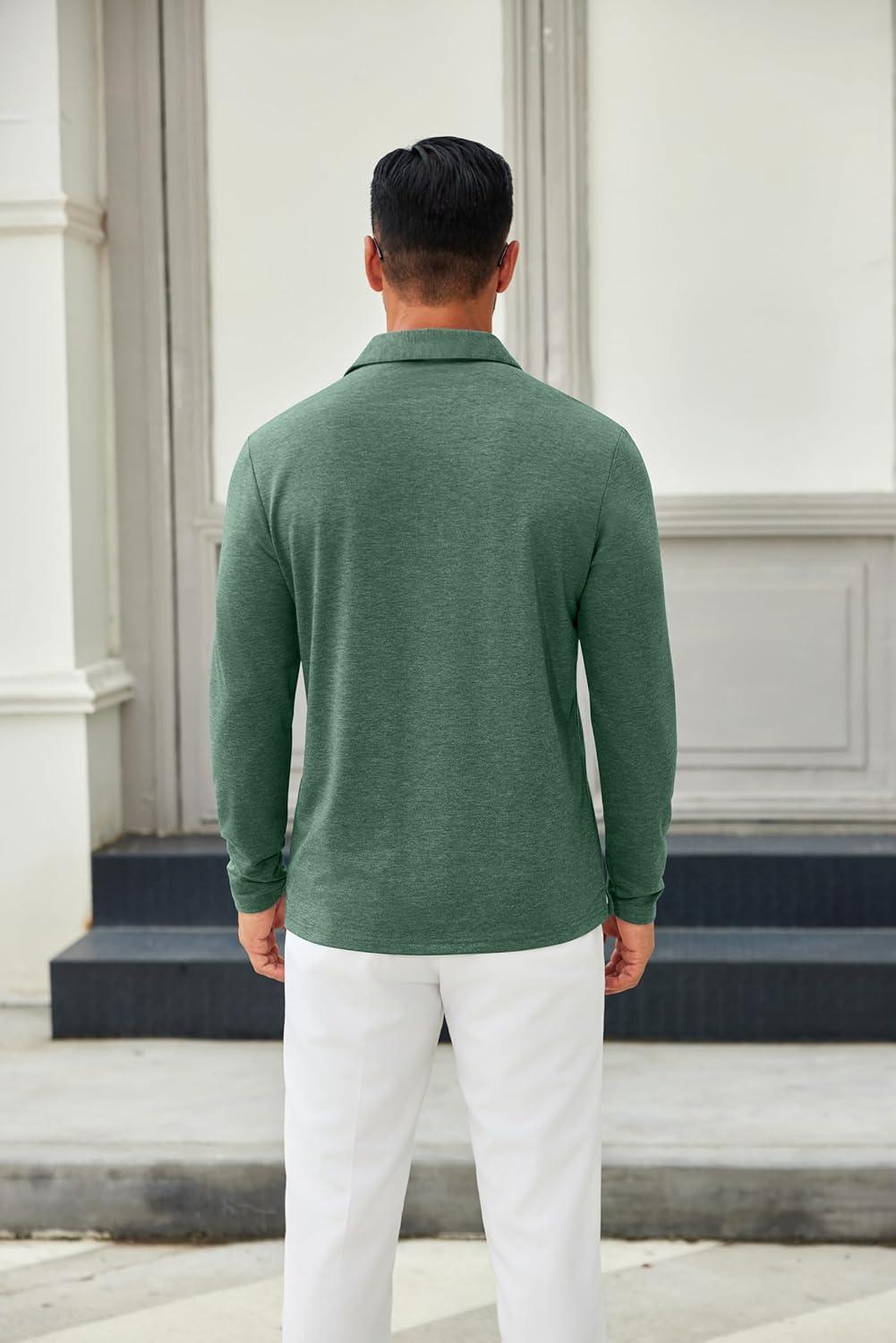 imageCOOFANDY Mens Long Sleeve Polo Shirts Button Casual Tee Collared Work Pullover ShirtsGreen
