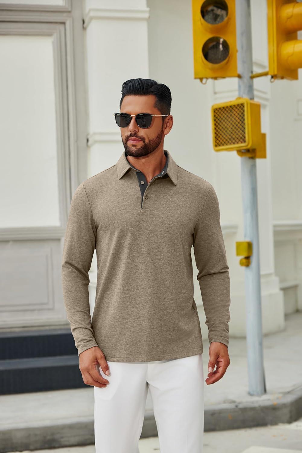 imageCOOFANDY Mens Long Sleeve Polo Shirts Button Casual Tee Collared Work Pullover ShirtsKhaki