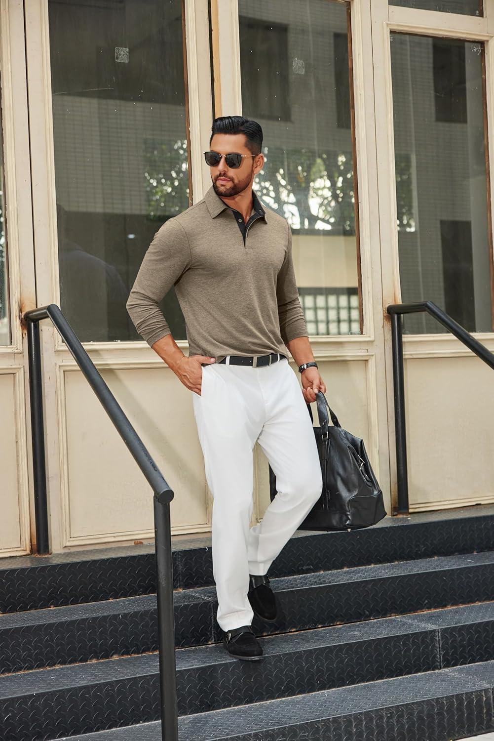 imageCOOFANDY Mens Long Sleeve Polo Shirts Button Casual Tee Collared Work Pullover ShirtsKhaki