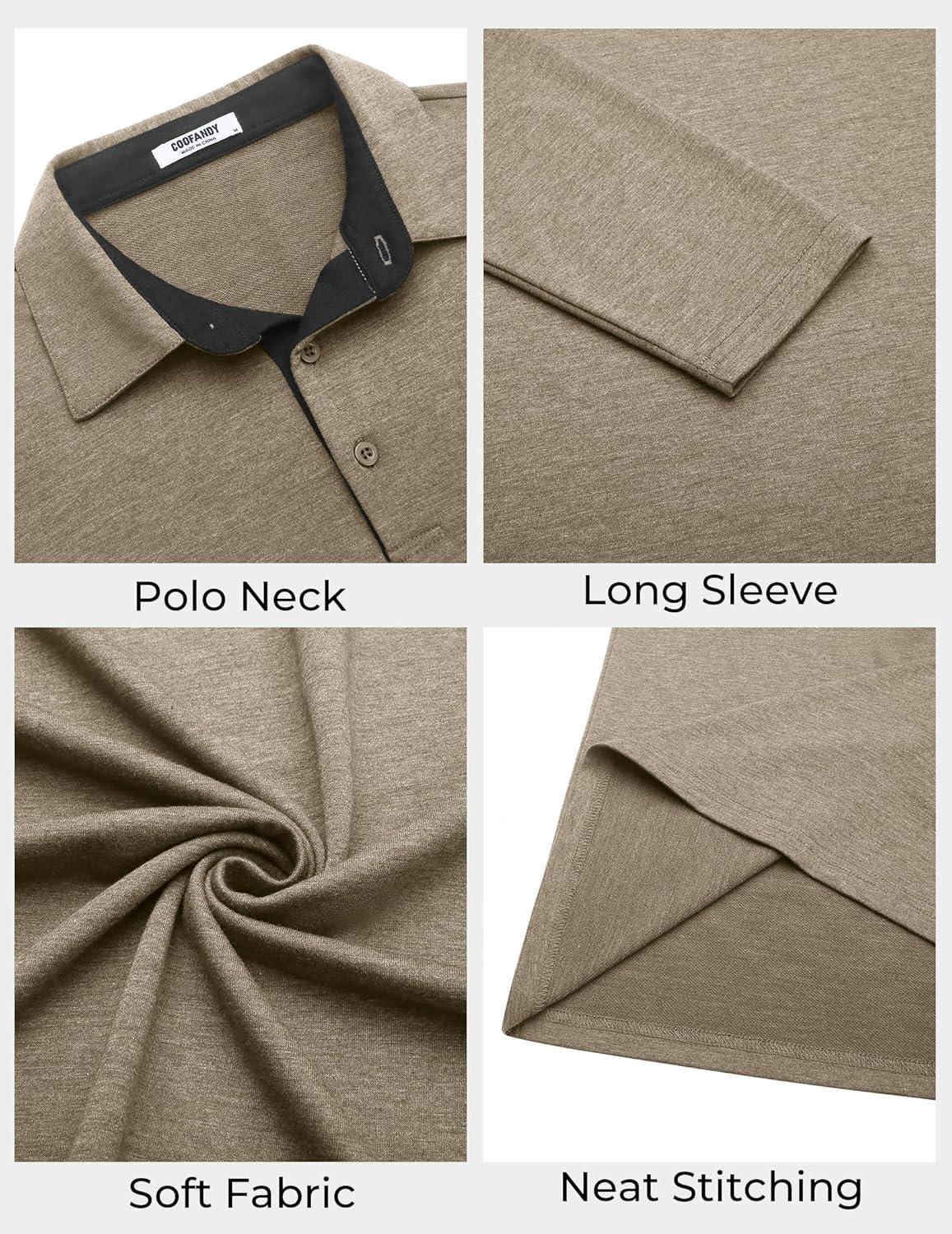 imageCOOFANDY Mens Long Sleeve Polo Shirts Button Casual Tee Collared Work Pullover ShirtsKhaki