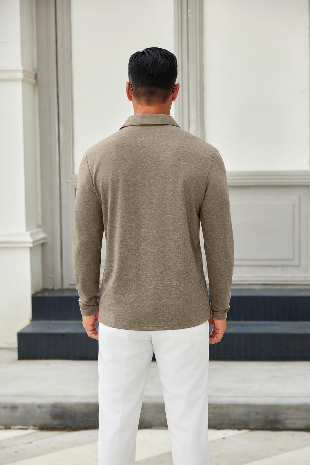 imageCOOFANDY Mens Long Sleeve Polo Shirts Button Casual Tee Collared Work Pullover ShirtsKhaki