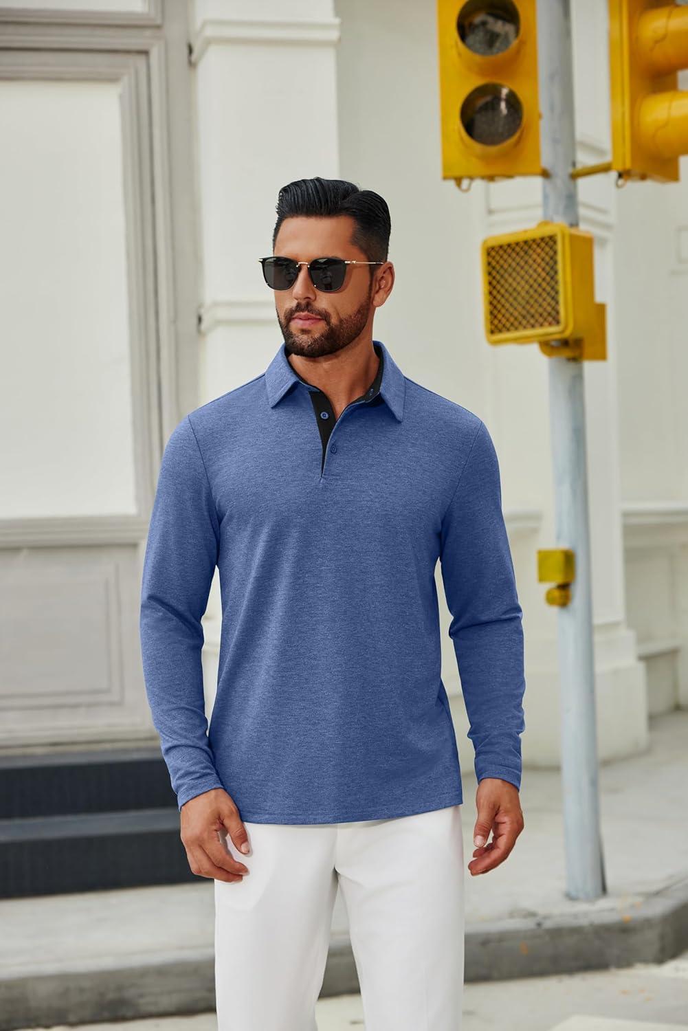 imageCOOFANDY Mens Long Sleeve Polo Shirts Button Casual Tee Collared Work Pullover ShirtsLight Blue