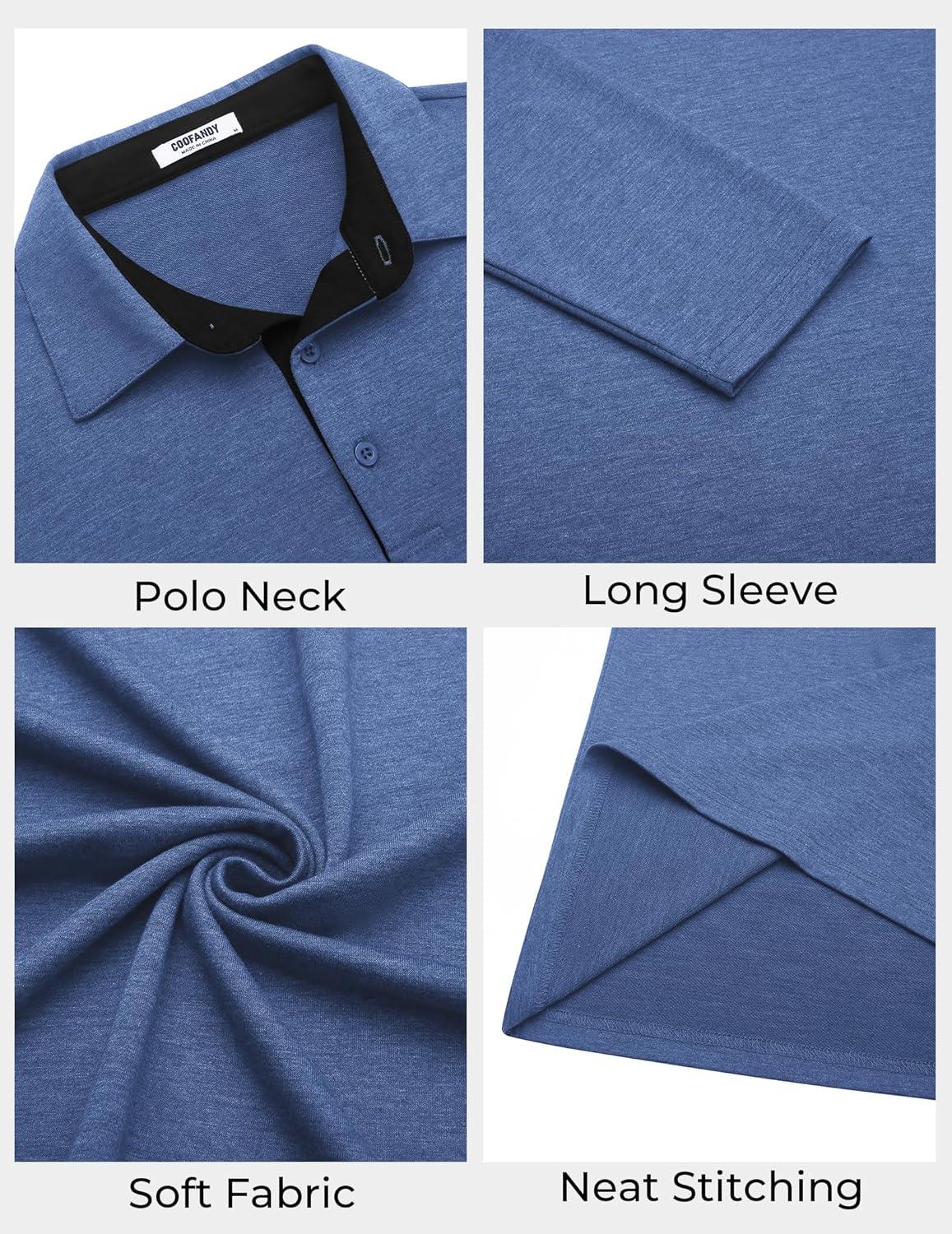 imageCOOFANDY Mens Long Sleeve Polo Shirts Button Casual Tee Collared Work Pullover ShirtsLight Blue