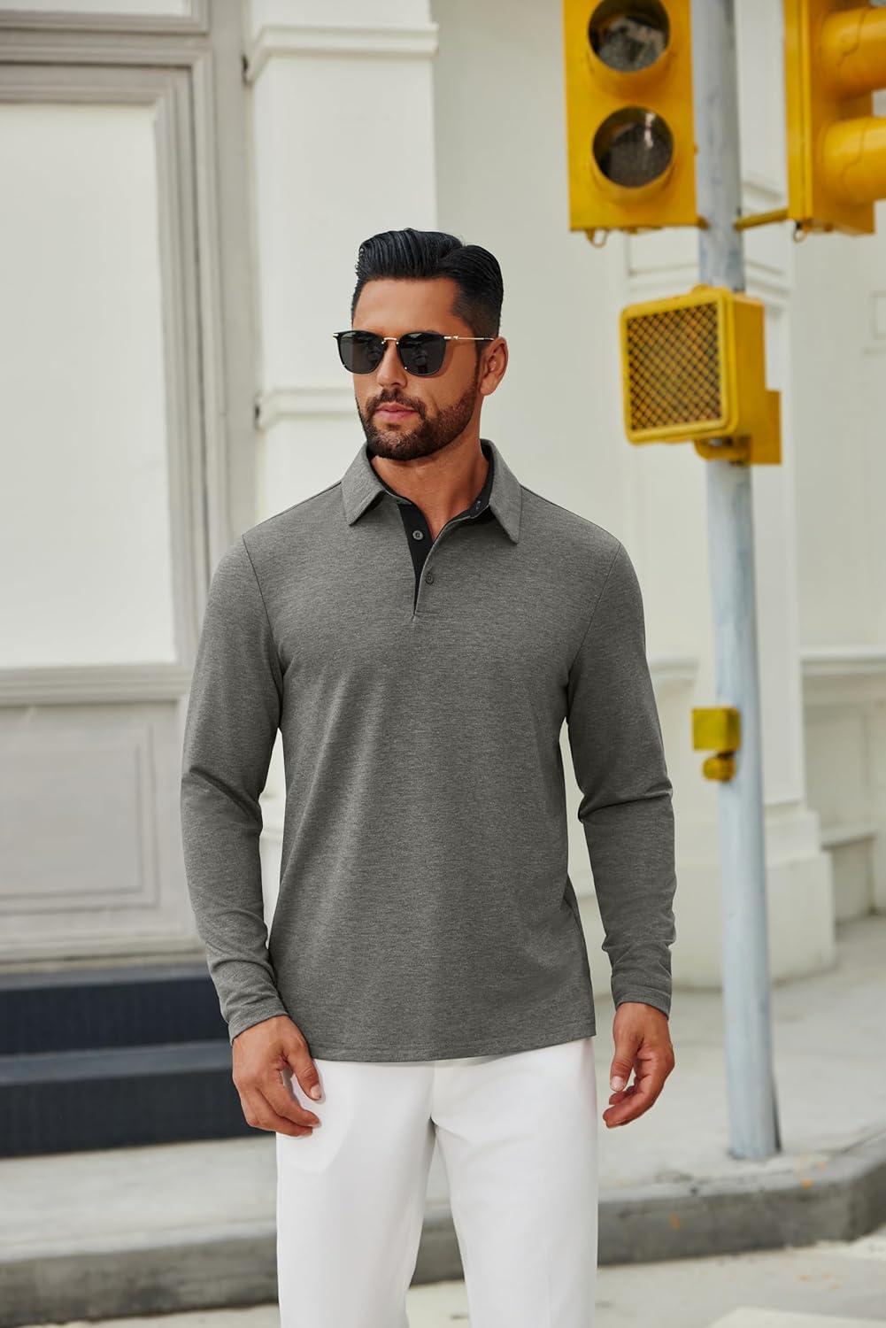 imageCOOFANDY Mens Long Sleeve Polo Shirts Button Casual Tee Collared Work Pullover ShirtsLight Grey