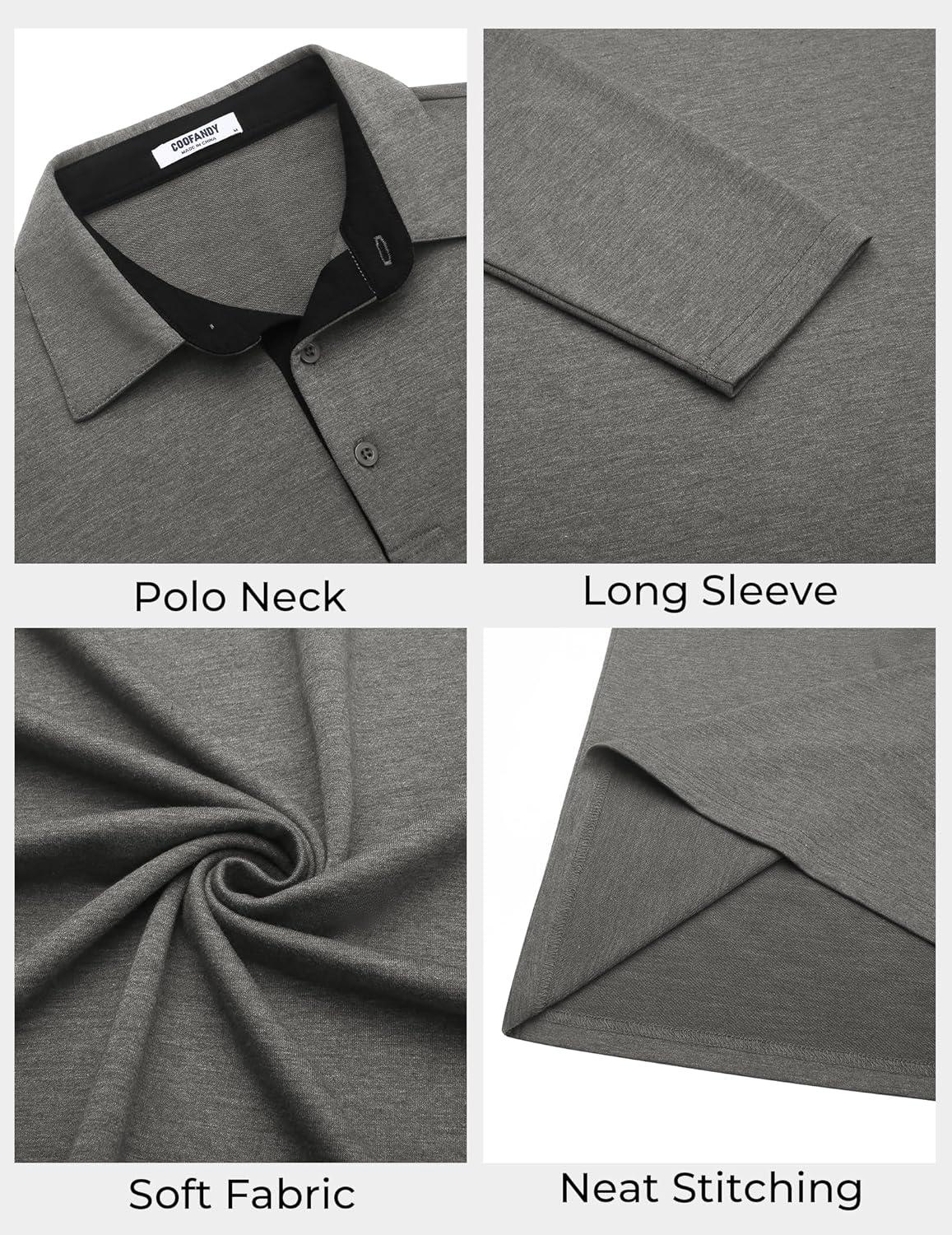 imageCOOFANDY Mens Long Sleeve Polo Shirts Button Casual Tee Collared Work Pullover ShirtsLight Grey